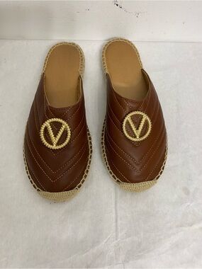 Valentino Brown Quilted Leather Espadrille Mules with Gold Emblem. Size 37